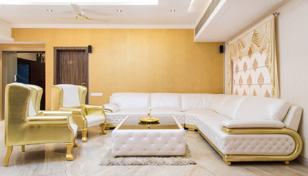 This is an example of a mid-sized contemporary formal enclosed living room in Pune with limestone floors and no tv.