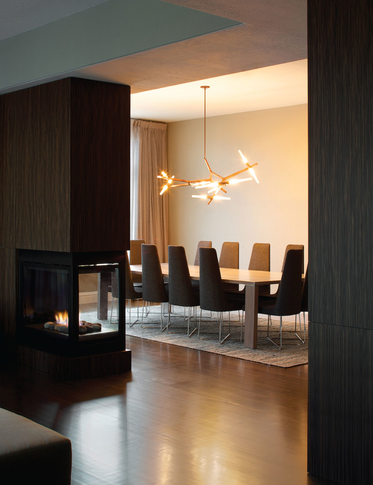 Photo of a mid-sized modern separate dining room in Denver with white walls, dark hardwood floors, a two-sided fireplace and a wood fireplace surround.