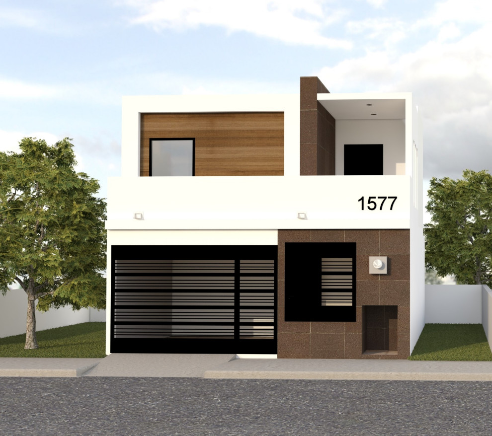 This is an example of a mid-sized modern one-storey white exterior in Mexico City with mixed siding, a flat roof, a mixed roof and a white roof.