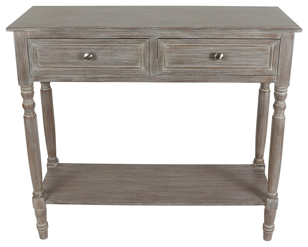 Farmhouse Console Table, Turned Legs With 2 Drawers and Open Shelf, Grey Washed Transitional