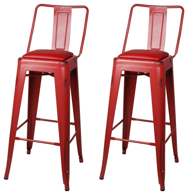 Highback Red Metal Bar Stools, Red Vegan Leather Seat, Set of 2