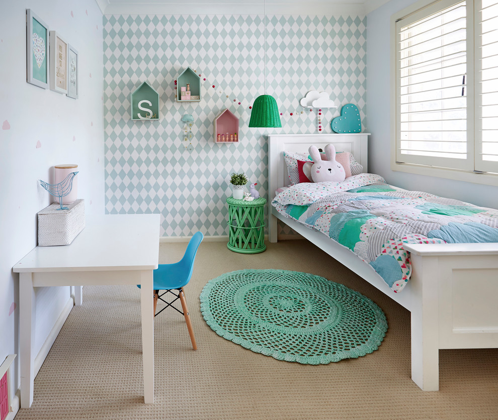 Transitional kids' bedroom in Sydney with carpet and multi-coloured walls for kids 4-10 years old and girls.