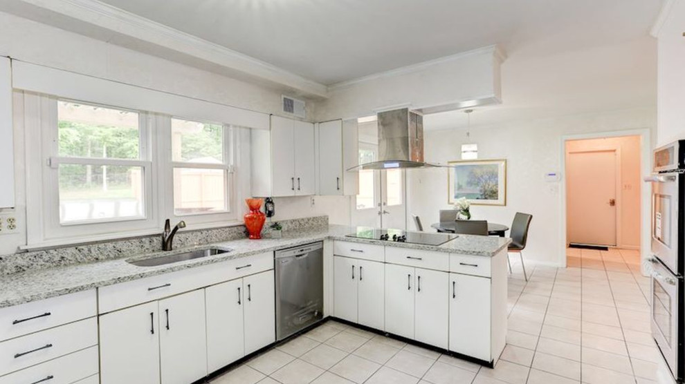 Mid-sized transitional u-shaped ceramic tile and white floor eat-in kitchen photo in DC Metro with an undermount sink, flat-panel cabinets, white cabinets, granite countertops, stainless steel appliances and a peninsula