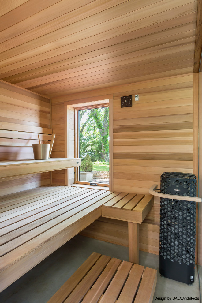 Photo of a modern bathroom in Minneapolis with with a sauna.