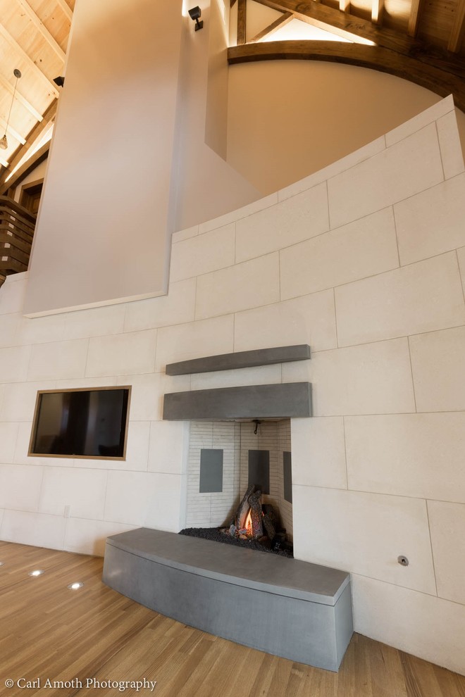 This is an example of a contemporary living room in Other with a stone fireplace surround.