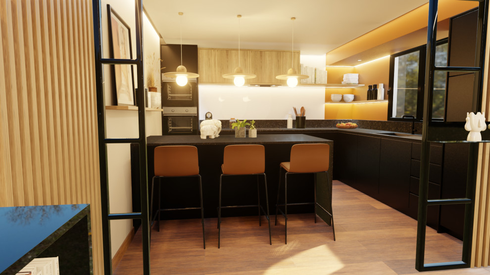 Свежая идея для дизайна: гостиная-столовая среднего размера с оранжевыми стенами, светлым паркетным полом, стандартным камином, фасадом камина из штукатурки, бежевым полом и кирпичными стенами - отличное фото интерьера