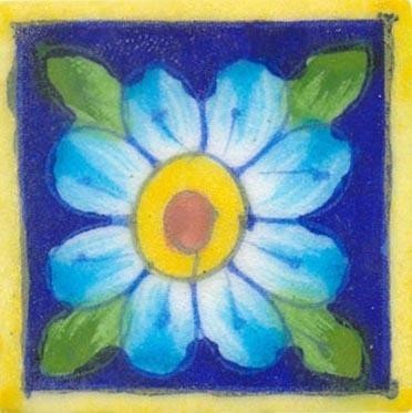 2"x2" Blue Tile With Turquoise Flower Tiles, Set of 10
