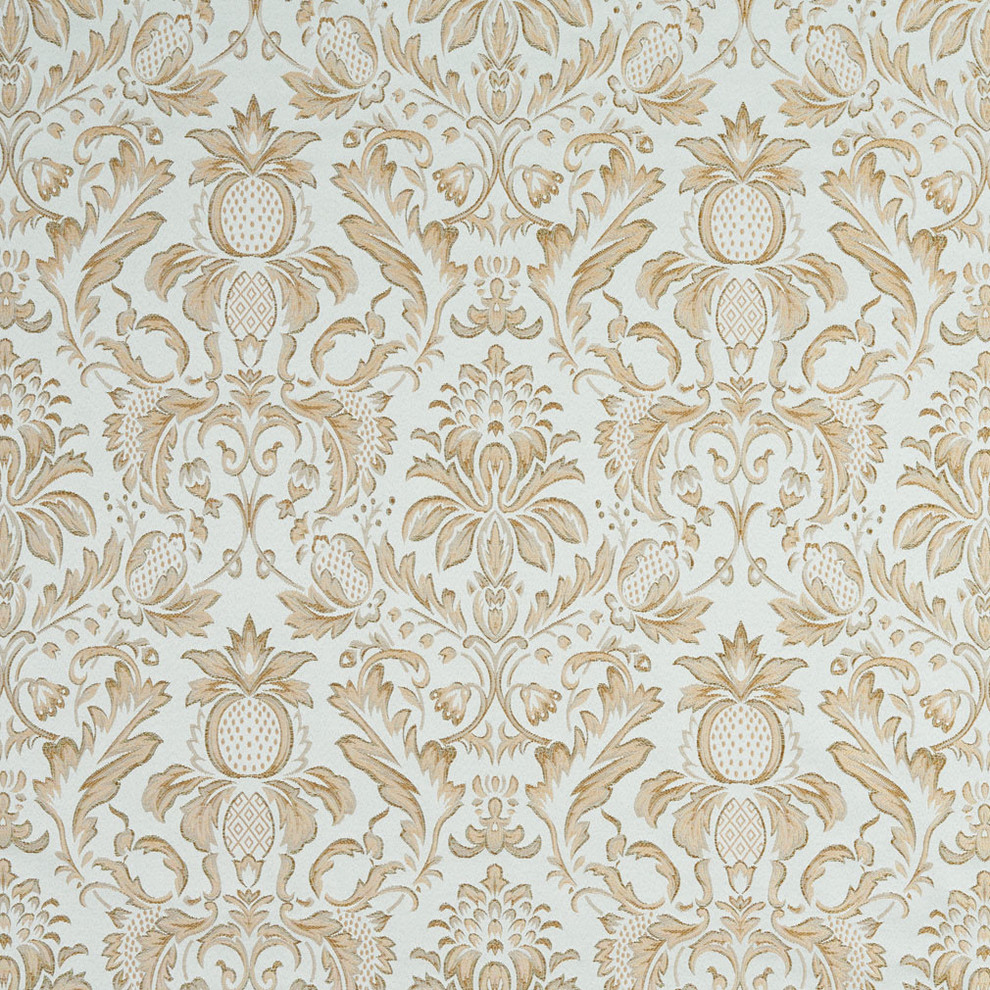 Light Blue Ivory Green Gold Pineapple Damask Upholstery Fabric By The Yard