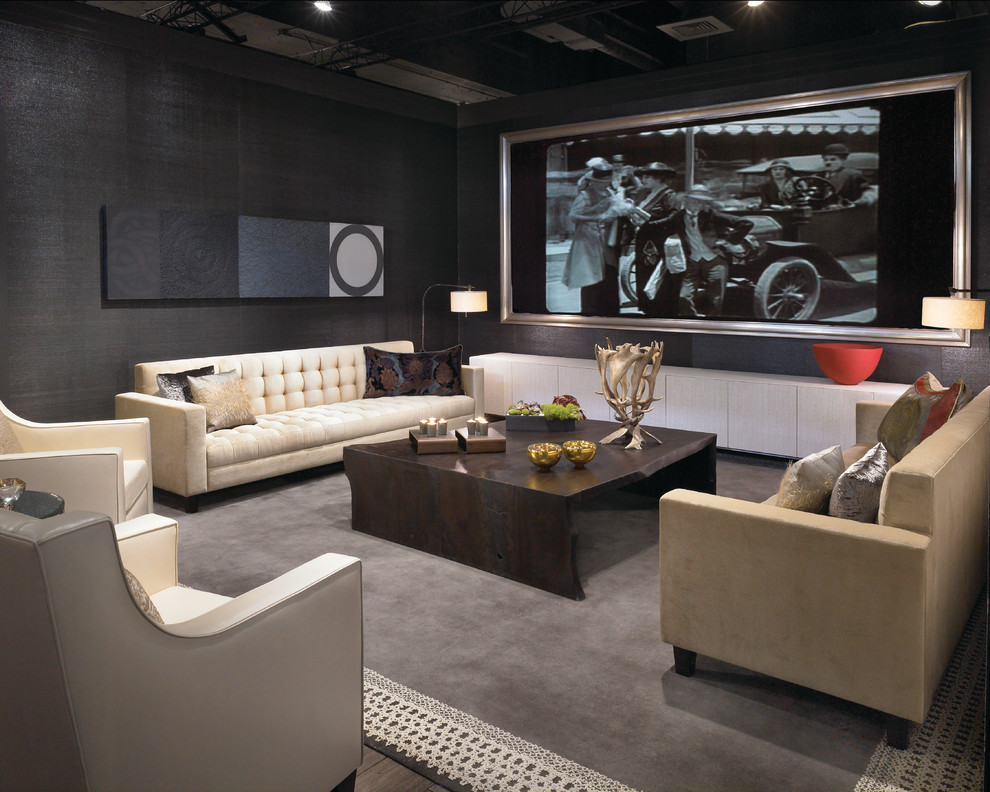 This is an example of a contemporary home theatre in Chicago with grey walls.