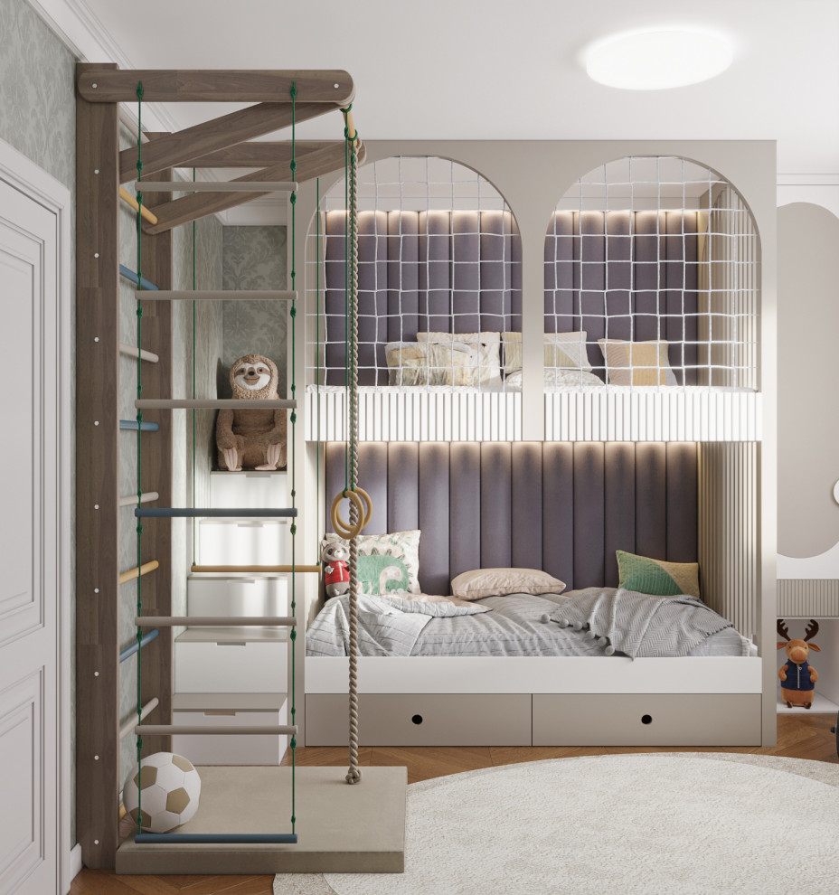 Ejemplo de dormitorio infantil de 4 a 10 años de tamaño medio con paredes blancas, suelo laminado y suelo marrón