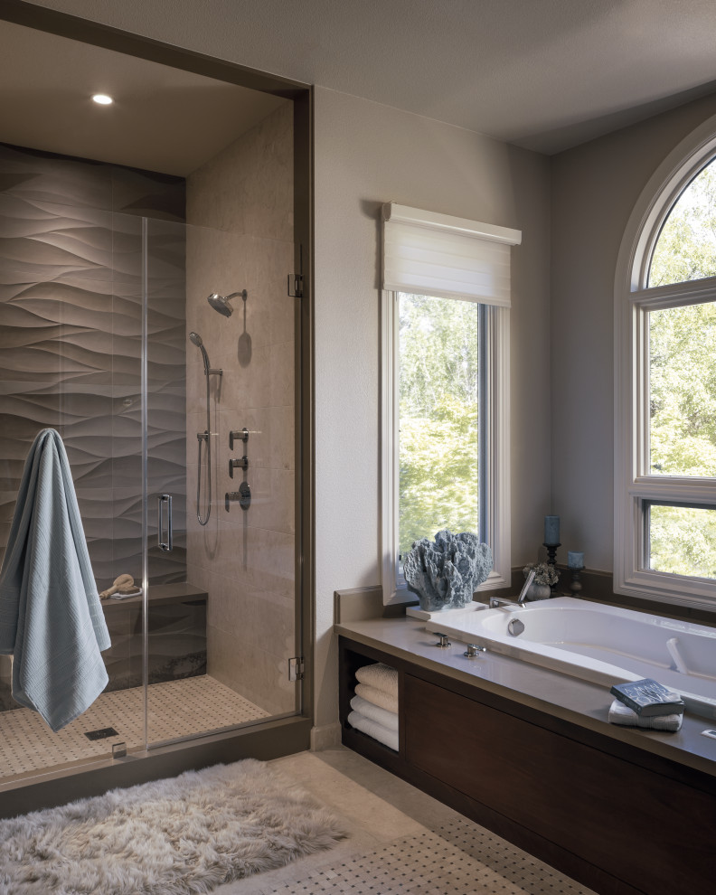 Inspiration for a mid-sized contemporary master bathroom in San Francisco with a drop-in tub, a shower/bathtub combo, an undermount sink, a hinged shower door and a double vanity.