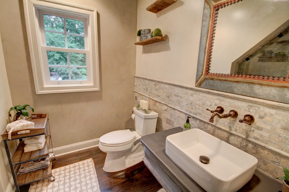 Inspiration for a large transitional 3/4 ceramic tile bathroom remodel in Richmond with beige walls and a vessel sink