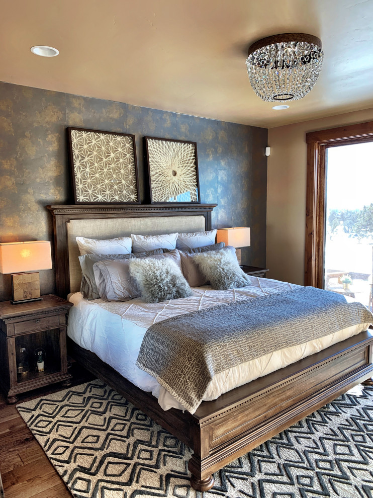 Bedroom - large rustic master dark wood floor and brown floor bedroom idea with gray walls