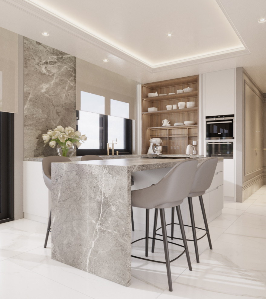 This is an example of a large modern eat-in kitchen in Other with a double-bowl sink, granite benchtops, grey splashback, marble splashback, with island and coffered.