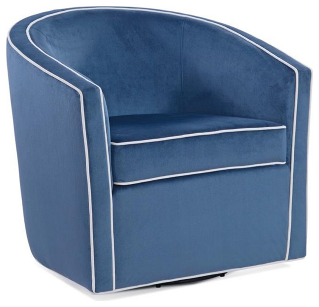 Bowery Hill Mid-Century Velvet with Cream Welt Barrel Swivel Chair in Blue