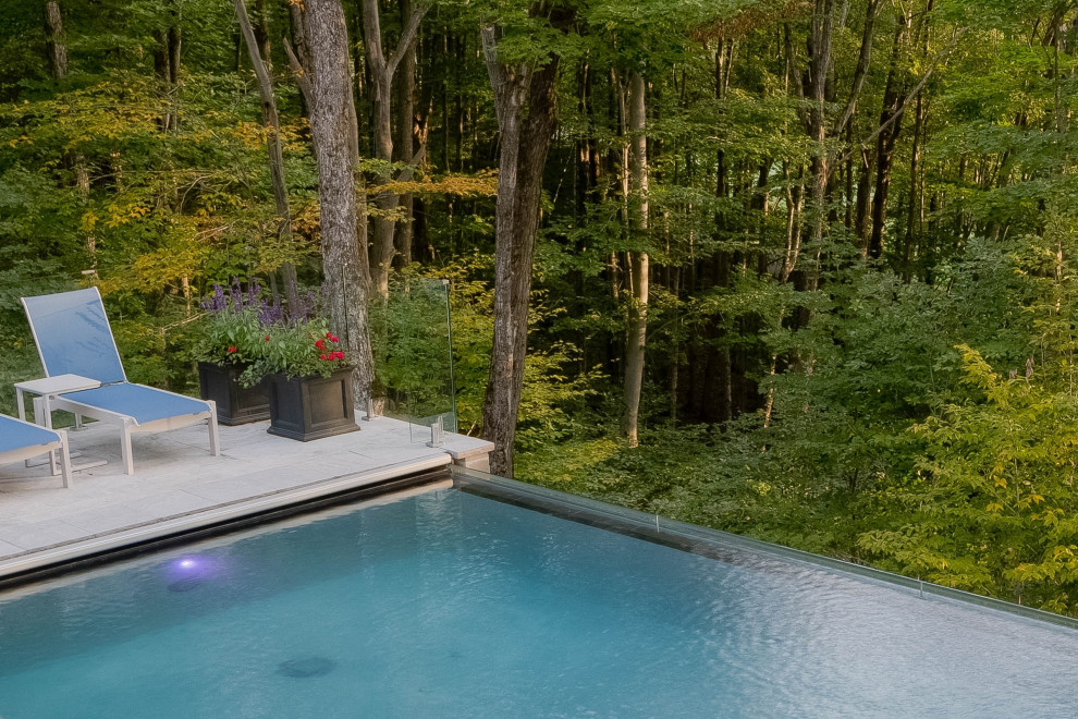 Cette photo montre un piscine avec aménagement paysager arrière chic de taille moyenne et rectangle avec des pavés en pierre naturelle.