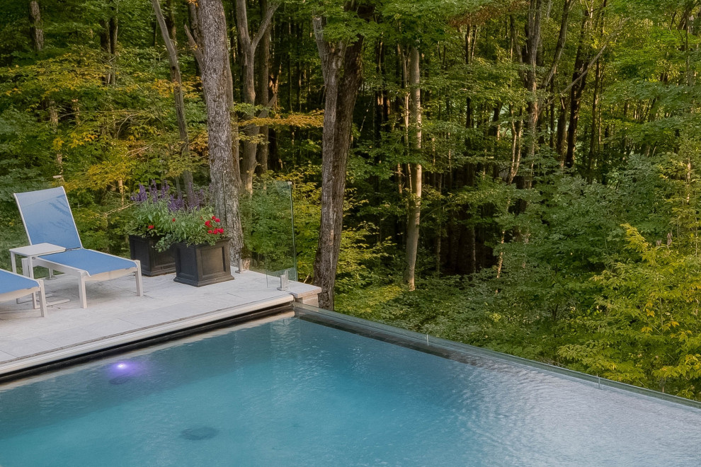 Inspiration for a mid-sized transitional backyard stone and rectangular infinity pool landscaping remodel in Toronto