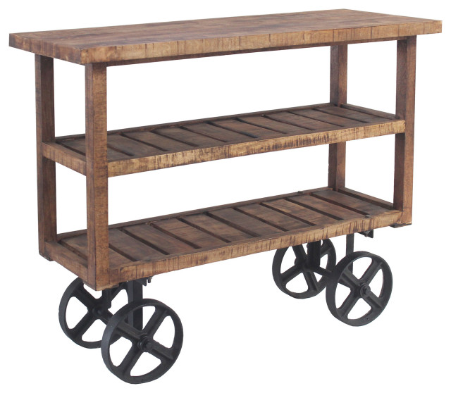 Golden Mango Wood Trolley Console With Shelves on Heavy Iron Wheels