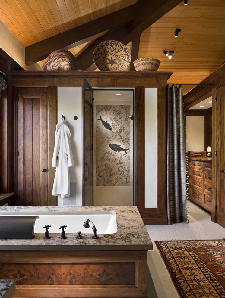 Country bathroom in New York with mosaic tile.