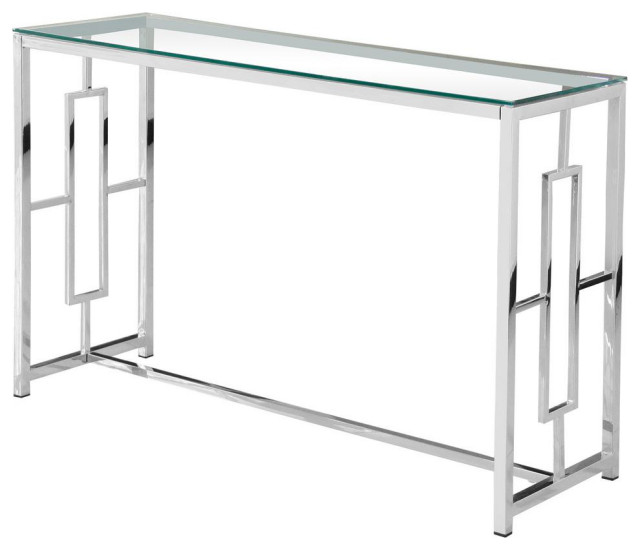 Silver Stainless Steel Glass Sofa Table, Quartz Black Mirrored Console Table & Mirror Set