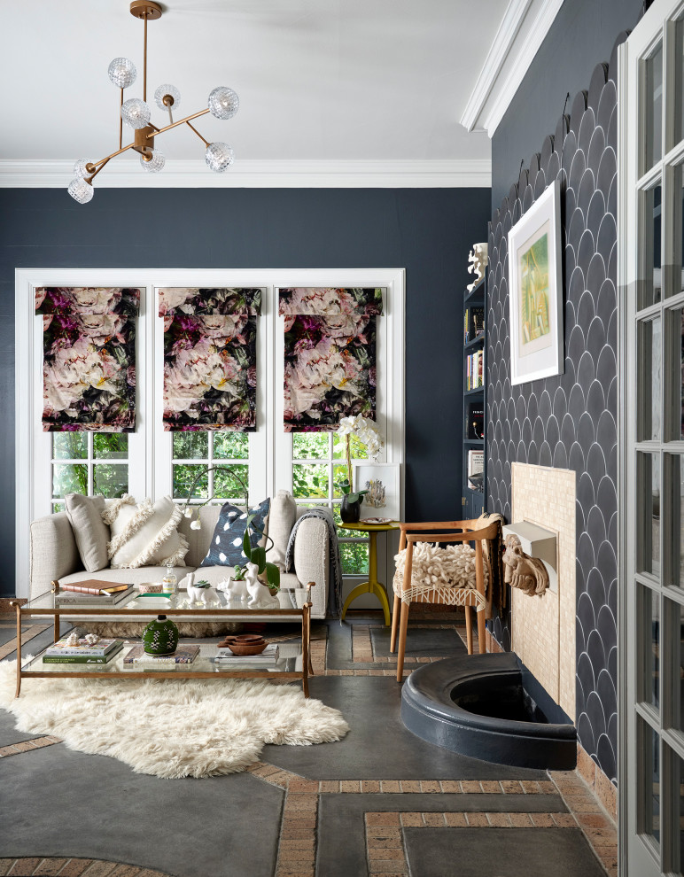 Design ideas for a mid-sized eclectic study room in Denver with grey walls and brick floors.