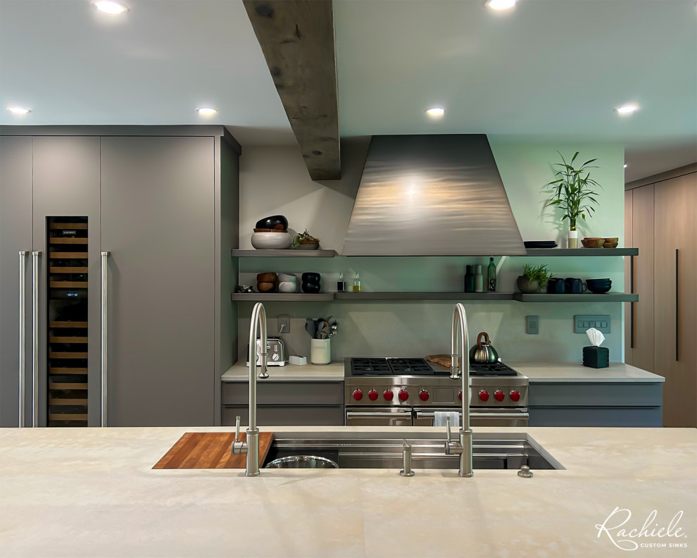 Photo of an expansive contemporary kitchen in DC Metro with a submerged sink, stainless steel appliances and an island.