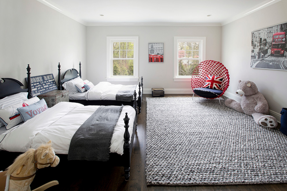 This is an example of a mid-sized transitional guest bedroom in New York with white walls and dark hardwood floors.