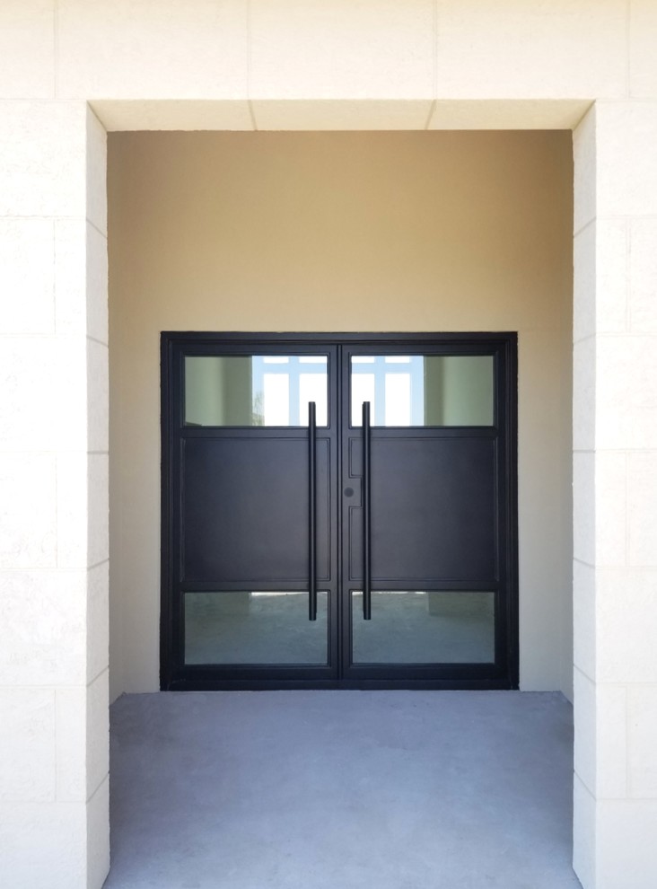 Modern front door in Omaha with a double front door and a metal front door.