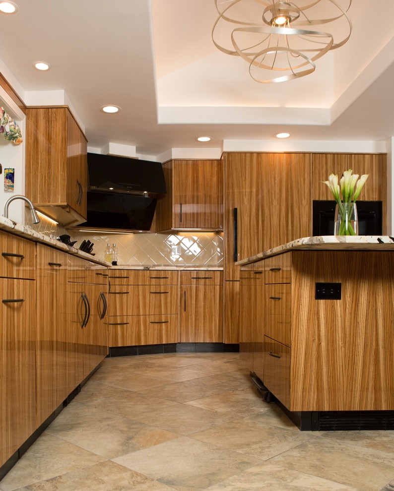 Design ideas for a contemporary kitchen in Boston with an undermount sink, light wood cabinets, granite benchtops, yellow splashback, ceramic splashback, black appliances, ceramic floors, with island, multi-coloured floor and multi-coloured benchtop.