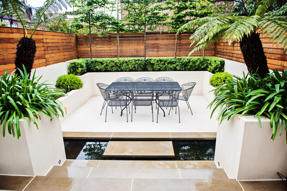 Mid-sized contemporary backyard patio in London with a container garden.