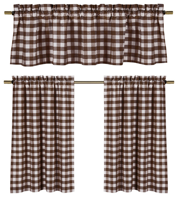 White Gingham Kitchen Curtain Set, Brown Kitchen Curtains