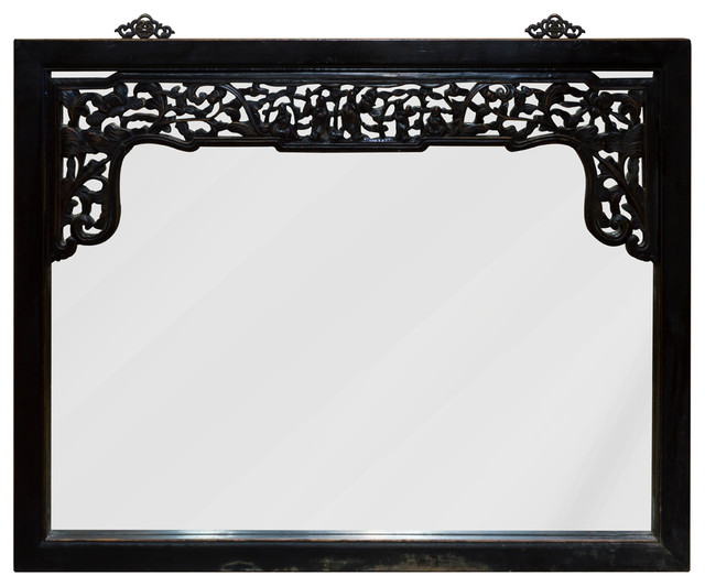 Chinese Elmwood Frame Window Panel Black Mirror Asian Wall Elmwood Frame Window Panel Black Mirror