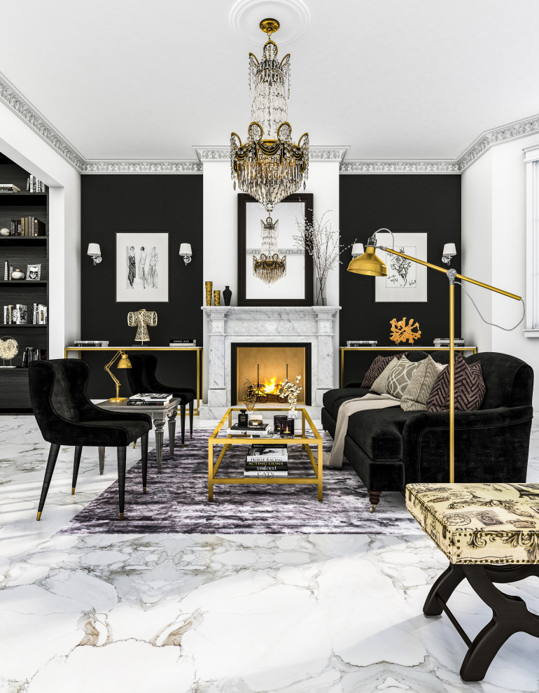 This is an example of a large formal open concept living room in New York with black walls, marble floors, a standard fireplace, a stone fireplace surround, no tv, white floor, vaulted and decorative wall panelling.