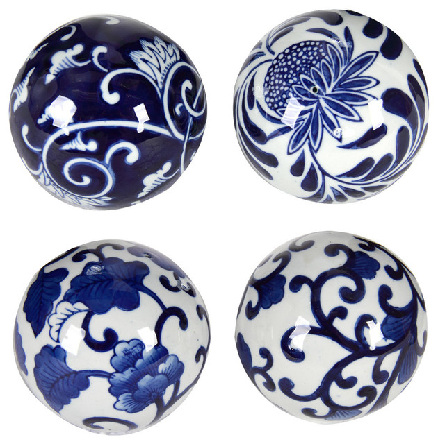 4" Porcelain Blue White Decorative Balls 4-Piece Set