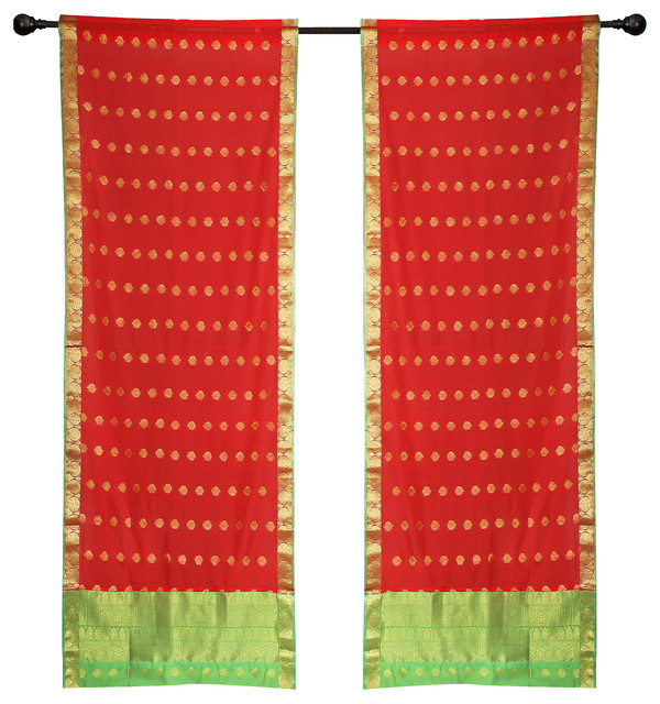 2 Red Bohemian Indian Sari Curtains Rod Pocket Living Room Window