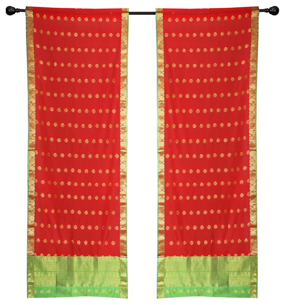 2 Lined Red Bohemian Indian Sari Curtains Rod Pocket Living Room -80W x 84L