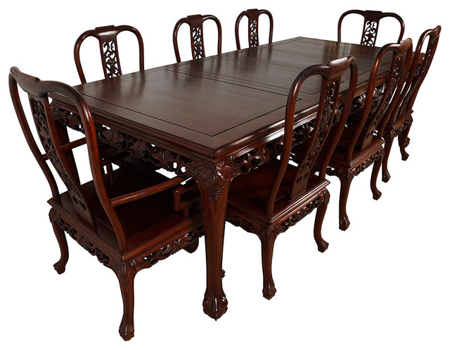 Consigned Vintage Chinese Carved Rosewood Dining Table With 8