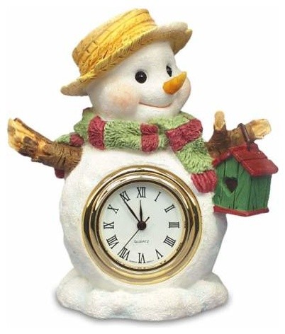 2.5 Inch Snowman with Christmas Scarf and Bird House Mini Quartz Clock