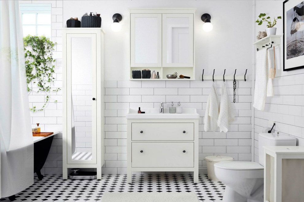 Mid-sized modern master bathroom in DC Metro with flat-panel cabinets, white cabinets, a claw-foot tub, a shower/bathtub combo, a two-piece toilet, white tile, subway tile, white walls, mosaic tile floors, an integrated sink, quartzite benchtops, black floor, a shower curtain, white benchtops, a single vanity and a floating vanity.