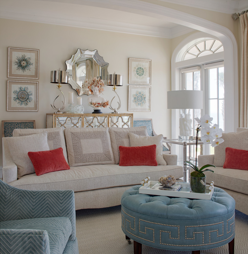 Design ideas for a large transitional formal open concept living room in Charleston with beige walls, a standard fireplace, a stone fireplace surround, a wall-mounted tv and beige floor.