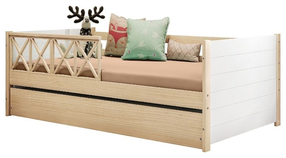 Pemberly Row Modern Solid Wood Twin Daybed with Trundle/Guardrails in White/Oak Transitional