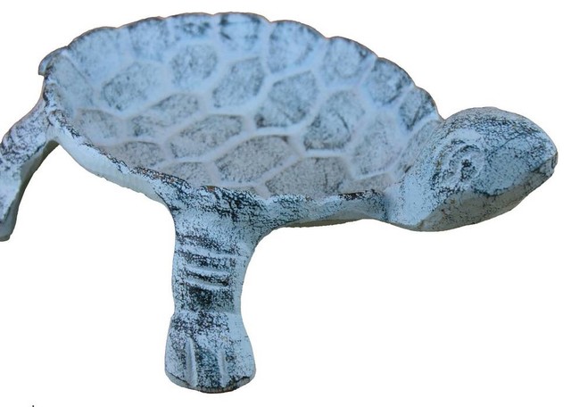 Rustic Dark Blue Whitewashed Cast Iron Standing Turtle Plate 9'', Turtle