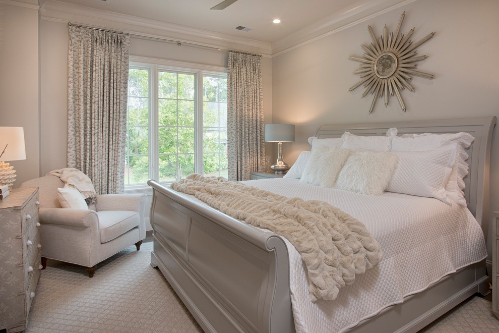 Inspiration for a beach style bedroom with grey walls, dark hardwood floors and brown floor.
