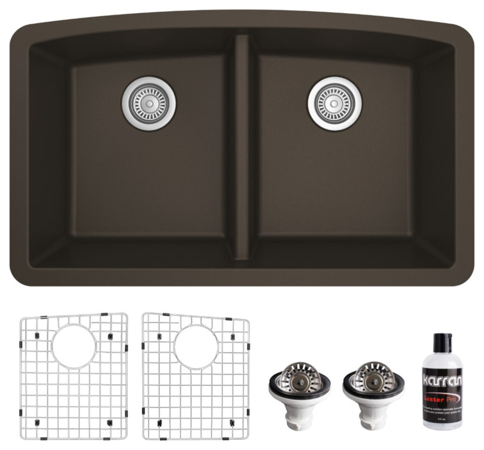 Karran Undermount Quartz 32" 50/50 Double Bowl Kitchen Sink Kit, Brown