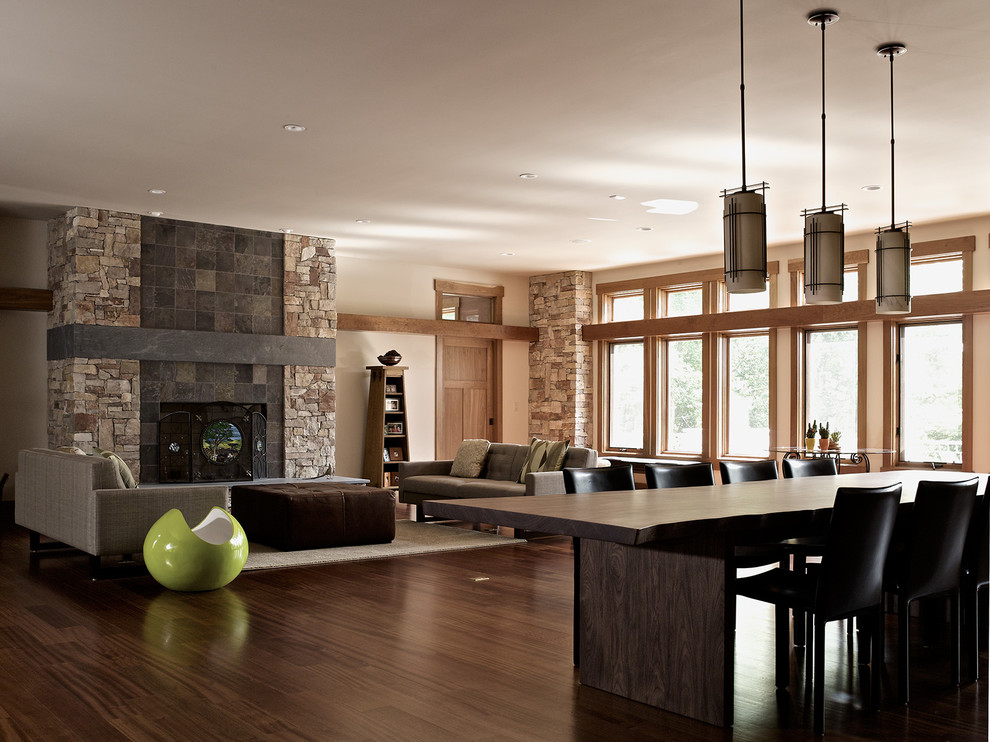 Large arts and crafts dark wood floor living room photo in New York with beige walls, a standard fireplace and a stone fireplace
