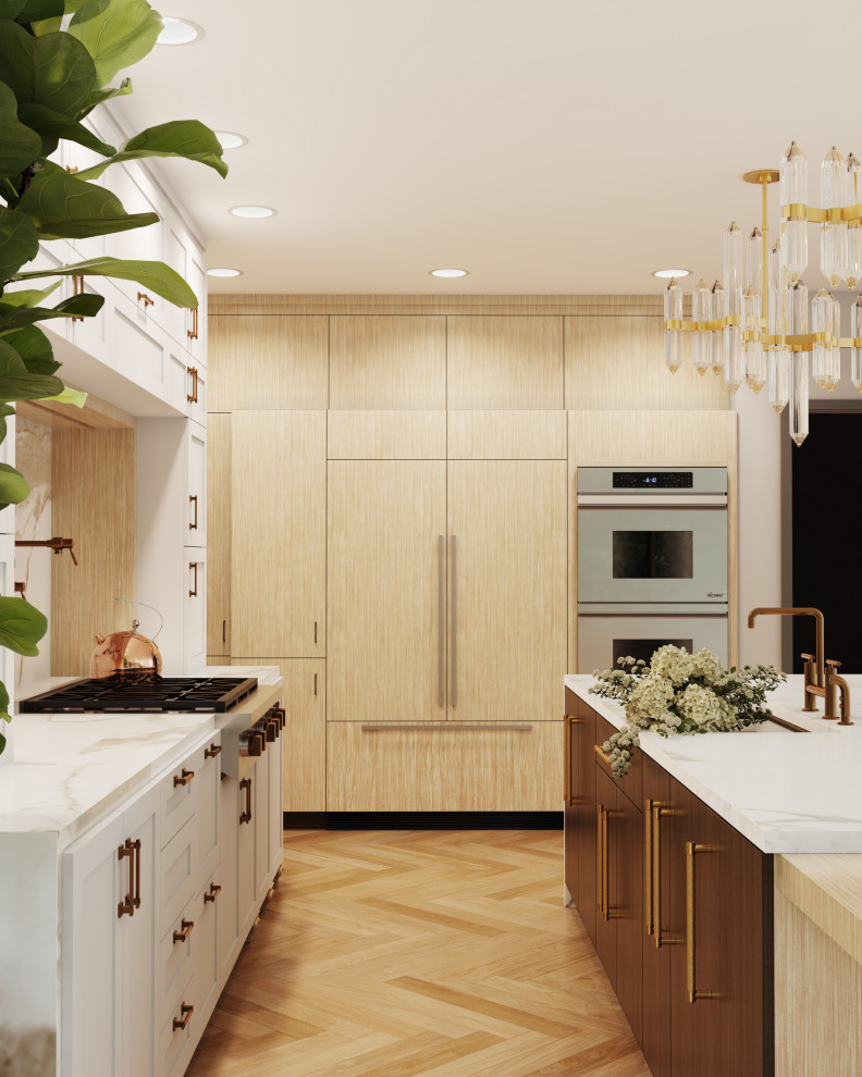Eat-in kitchen - large transitional u-shaped eat-in kitchen idea in Denver with flat-panel cabinets, light wood cabinets, marble countertops, marble backsplash and two islands