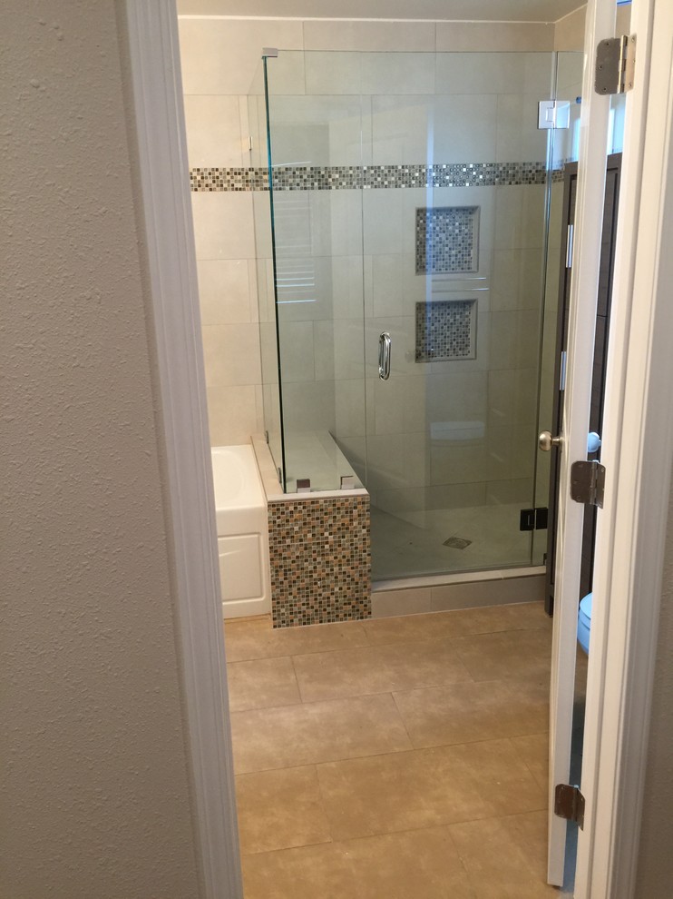 Design ideas for a large contemporary master bathroom in San Francisco with ceramic tile and beige walls.