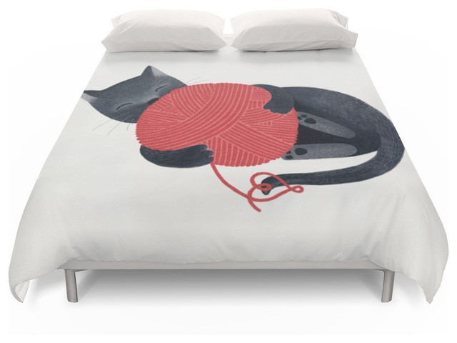 Black Cat Red Yarn Duvet Cover Contemporary Duvet Covers And