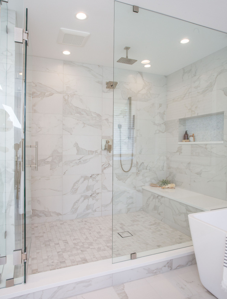 Bathroom - mid-sized modern master white tile and porcelain tile porcelain tile, white floor and double-sink bathroom idea in Seattle with shaker cabinets, gray cabinets, white walls, an undermount sink, quartz countertops, a hinged shower door, white countertops and a built-in vanity