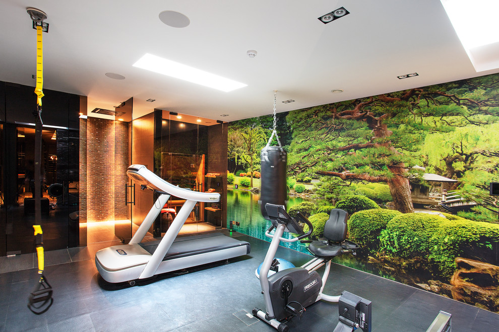 Photo of a modern multipurpose gym in London with multi-coloured walls and grey floor.
